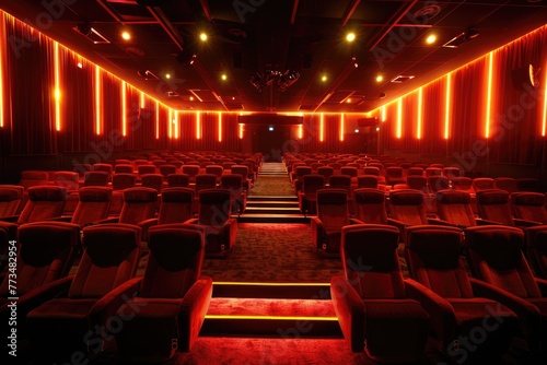 Rows of red chairs in a theater setting, suitable for entertainment industry promotions