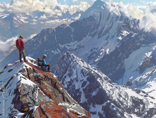 Positive femele mountain climbers having a break on Aiguille d'Entreves mountain ridge photo