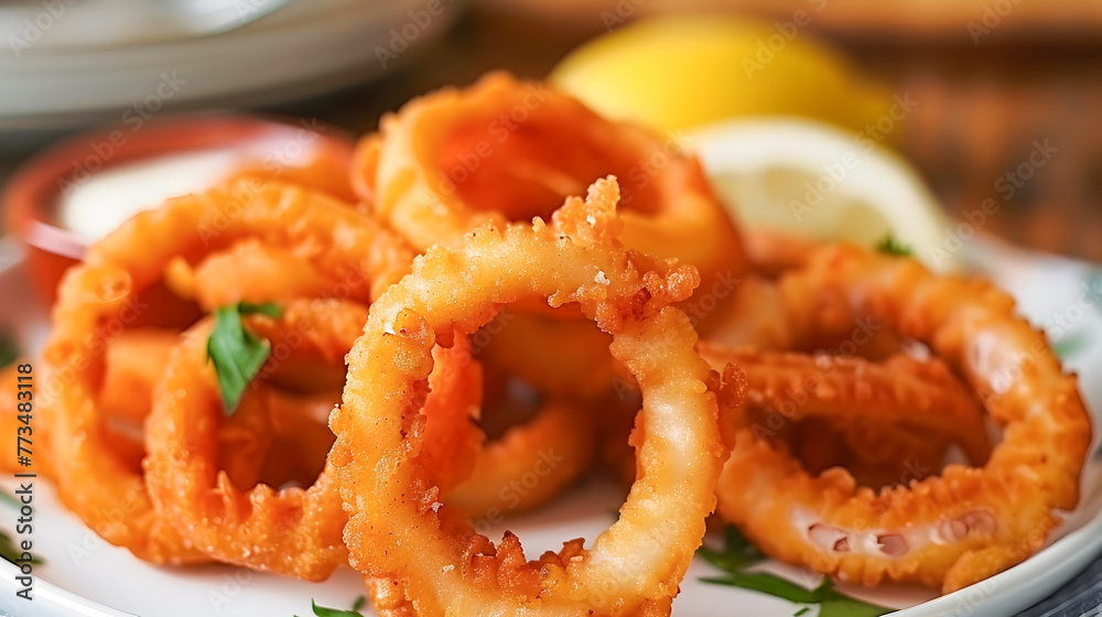 UHD Plate of Crispy Fried Onion Rings and Lemon Wedges UHD Plate of Crispy Fried Onion Rings and Lemon Wedges