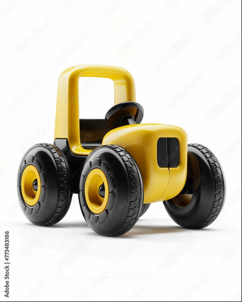 yellow and black toy tractor with wheels on a white background, in the toy style, 3D rendering, cute cartoon design, simple, minimalism, white background 