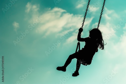 A silhouette of a child on a swing. Suitable for playground or childhood themes