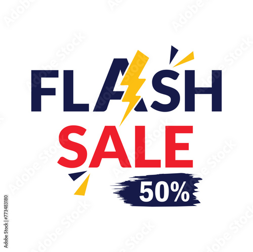Flash sale logo vector banner design. Flash Sale 50% off Logo Concept with thunderbolt.