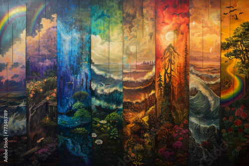A colorful, flowing art style mural depicting the seven days of creation in a series of panels. Each panel depicts one day's creation from sunrise to sunset, with vibrant colors and detailed image