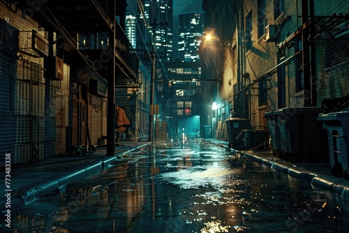 A rainy city street at night with buildings in the background. Ideal for urban and weather-related projects