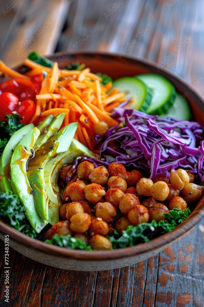 Fresh bowl of vegetables and chickpeas on rustic wooden table, ideal for healthy eating concept