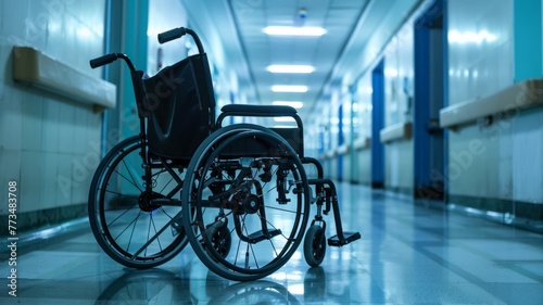 Empty Wheelchair in Hospital Corridor - A solitary wheelchair is illuminated in a dimly lit hospital hallway, evoking a sense of quiet and absence.