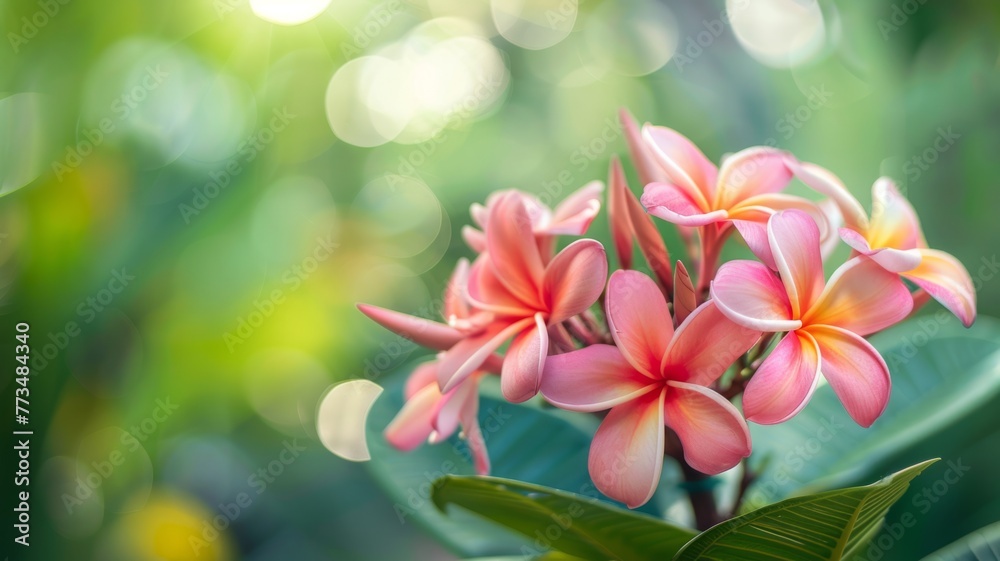 Tropical Frangipani Bliss - Vibrant pink frangipani flowers against a bokeh green background. Tropical Frangipani Bliss - Vibrant pink frangipani flowers against a bokeh green background.