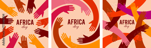 Colorful poster with circle of hands. Africa day, together, community concept design. Modern minimalist style illustration