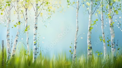 Tranquil Birch Forest in Springtime - A serene digital painting of birch trees with fresh spring foliage.