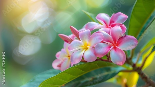 Vibrant Plumeria Flowers in Sunlight - A cluster of pink and yellow plumeria blooms among lush leaves. © Tida