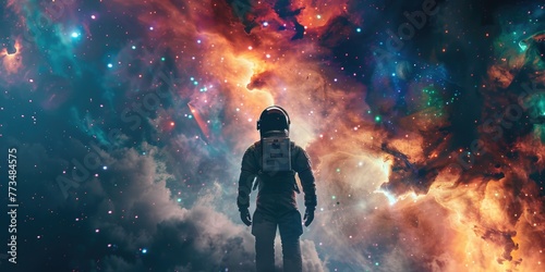 Astronaut standing in front of a colorful galaxy, suitable for space exploration themes photo