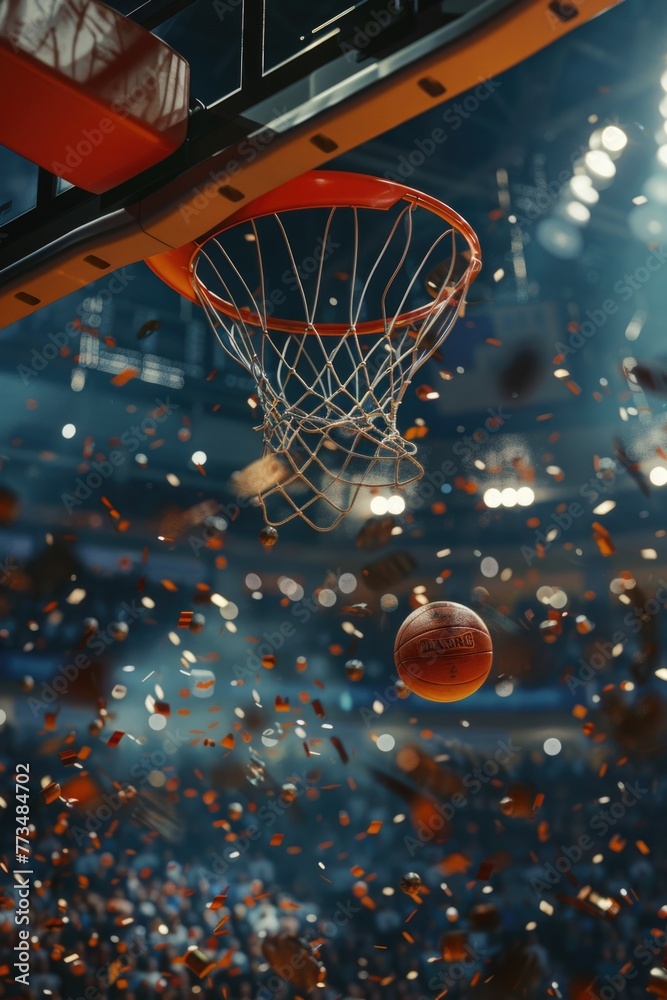 A basketball scoring through a hoop with confetti falling down. Suitable for sports events or celebrations