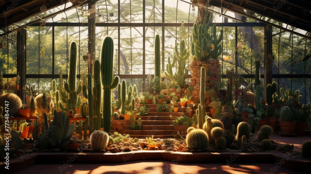 A greenhouse filled with cacti and other plants