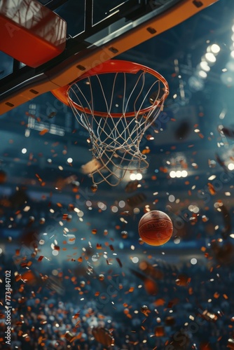 A basketball scoring through a hoop with confetti falling down. Suitable for sports events or celebrations