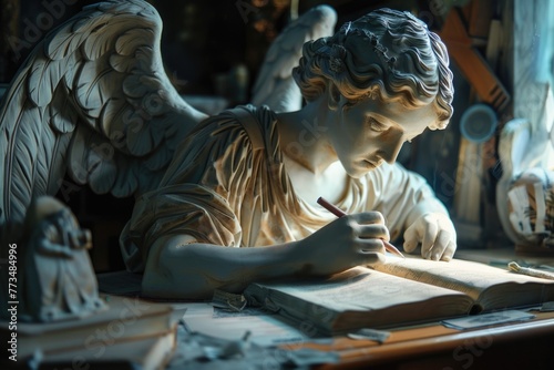 Angelic statue captured in the act of writing a book, perfect for religious or educational concepts
