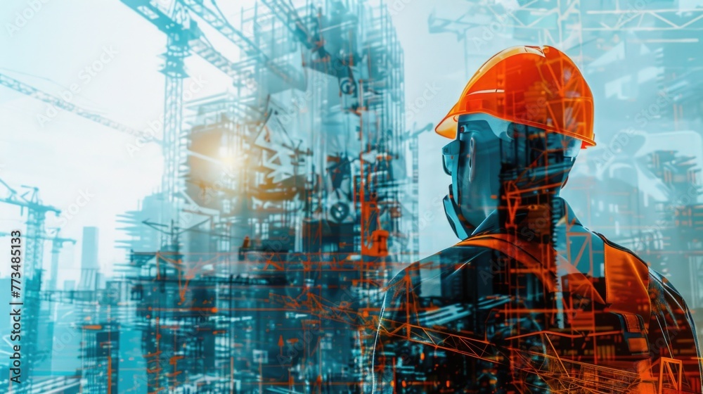 A man in a hard hat standing in front of a construction site. Suitable for construction industry concepts