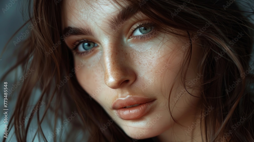 Close up portrait of a woman with freckles. Suitable for beauty and skincare concepts Close up portrait of a woman with freckles. Suitable for beauty and skincare concepts
