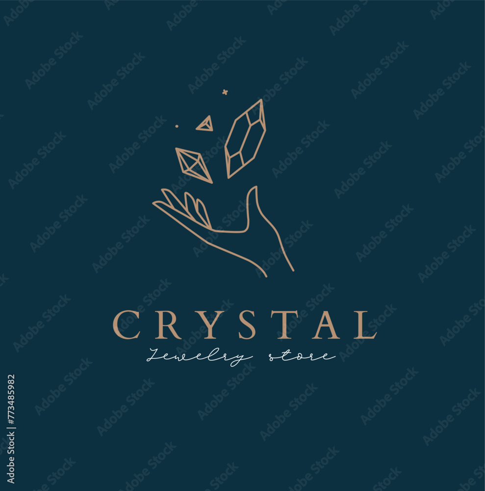Hand with diamond and lettering crystal jewelry store drawing in linear style on turquoise background