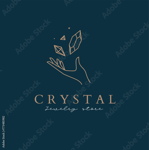 Obraz na płótnie Hand with diamond and lettering crystal jewelry store drawing in linear style on turquoise background w salonie