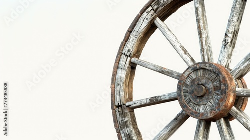 Detailed shot of a vintage wooden wagon wheel. Perfect for rustic-themed designs