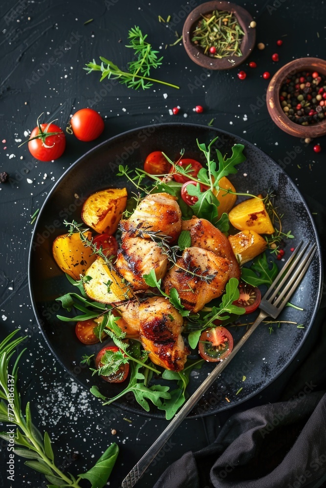 A black plate with a variety of fresh meat and vegetables. Perfect for food blogs or restaurant menus A black plate with a variety of fresh meat and vegetables. Perfect for food blogs or restaurant menus