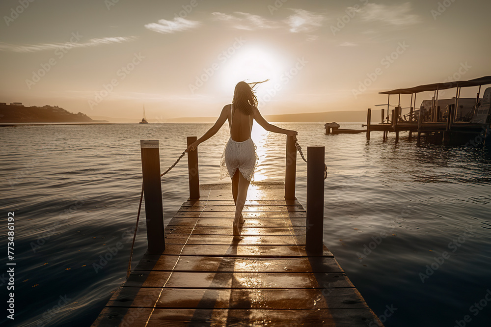 Fototapeta premium A woman silhouetted against a golden sunset, standing on a dock overlooking serene waters, creating a tranquil scene