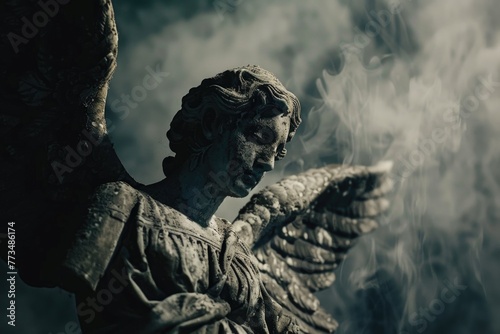 Angelic statue holding a cigarette, suitable for concepts related to addiction or rebellion
