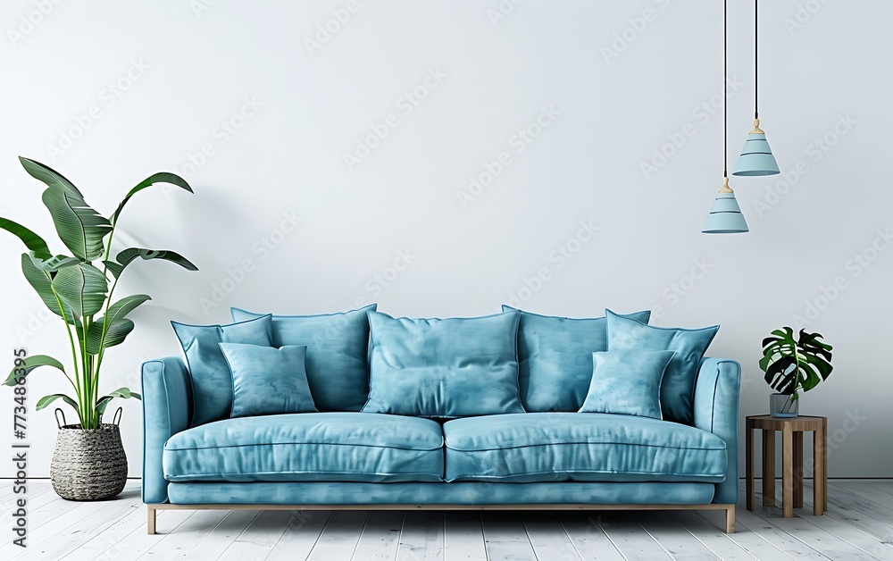 Modern interior design of a living room with a light blue sofa and copy space wall mock up, white background, high definition - obrazy, fototapety, plakaty 