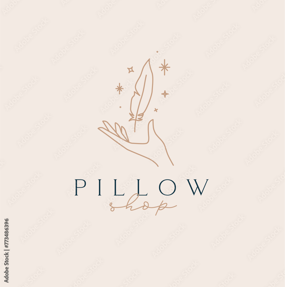 Hand with feather and lettering pillow shop drawing in linear style on beige background