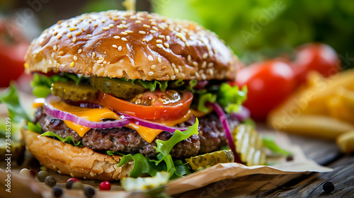 a juicy cheeseburger with a sesame seed bun, layered with fresh ingredients.