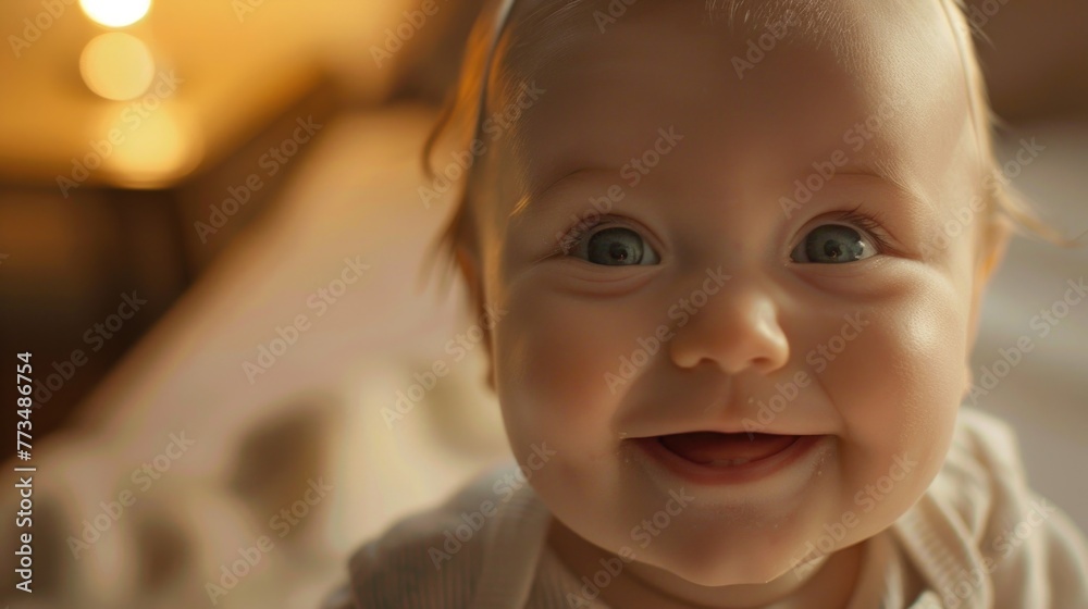 Close up of a smiling baby on a bed, perfect for family and lifestyle concepts Close up of a smiling baby on a bed, perfect for family and lifestyle concepts