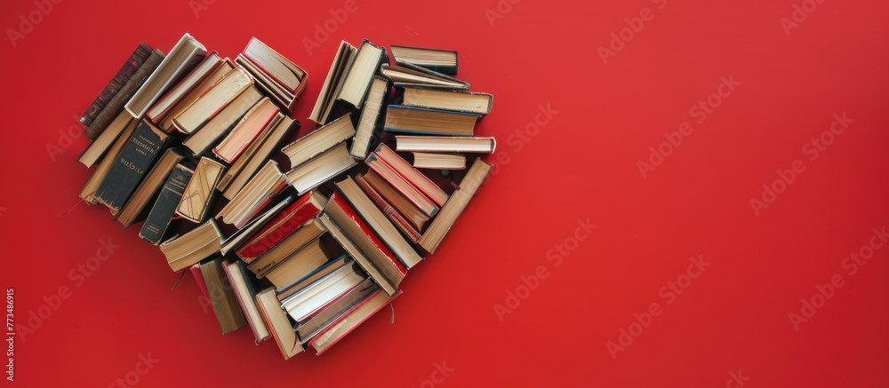 Obraz premium Books Form a Heart Shape on a red Background. Education concept.