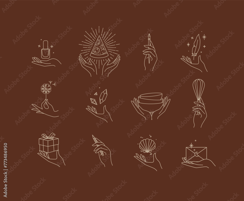 Hands with elements nail polish, pizza, pen, ink, feather, dandelion, crystal, bowl, dishes, whisk, box, pencil, seashell, envelope drawing in linear style on brown background
