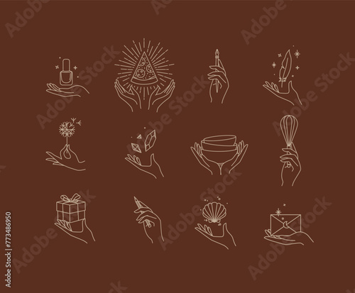 Obraz na płótnie Hands with elements nail polish, pizza, pen, ink, feather, dandelion, crystal, bowl, dishes, whisk, box, pencil, seashell, envelope drawing in linear style on brown background w salonie