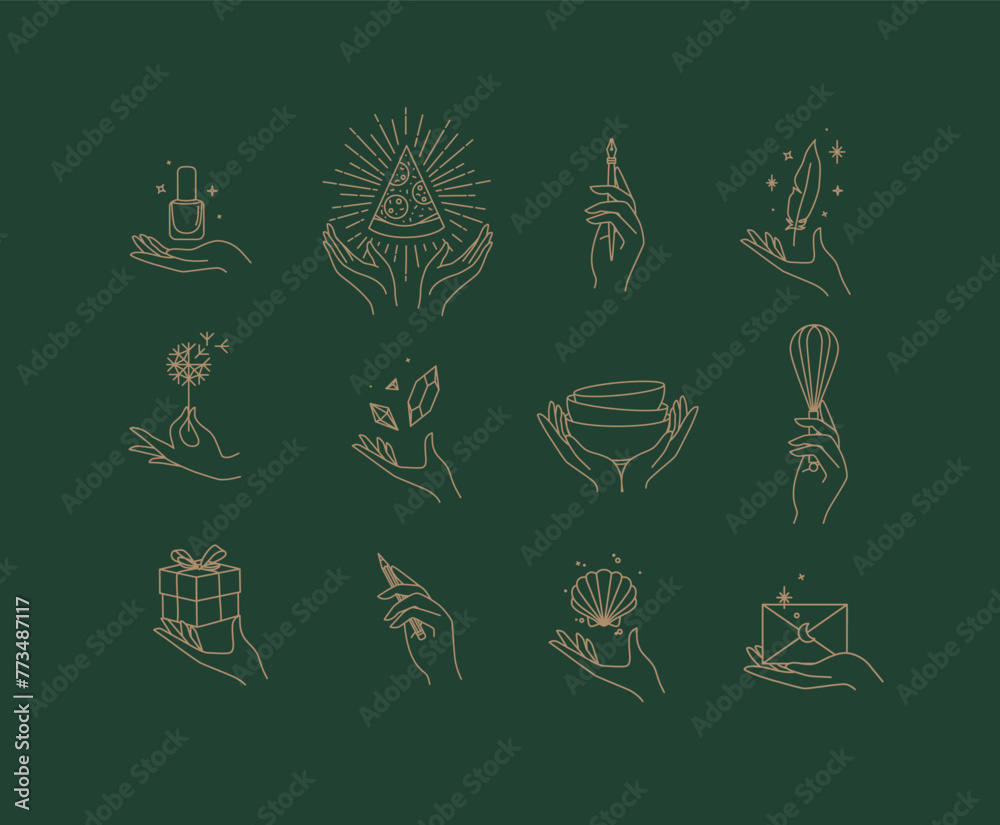 Hands with elements nail polish, pizza, pen, ink, feather, dandelion, crystal, bowl, dishes, whisk, box, pencil, seashell, envelope drawing in linear style on green background