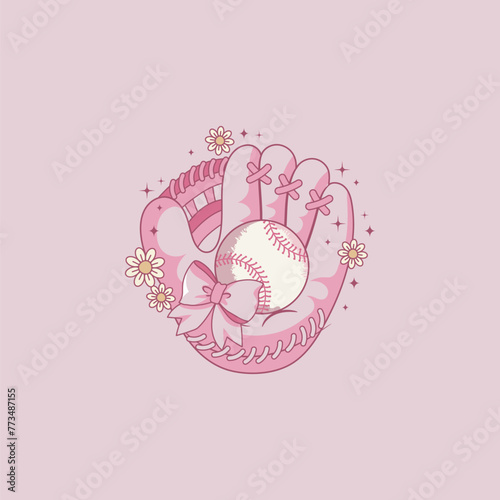 cute pink baseball glove coquette style illustration