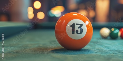 A single orange pool ball on a pool table, perfect for sports and recreational themes