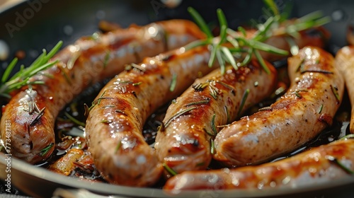 A pan filled with lots of cooked sausages. Perfect for food concept designs