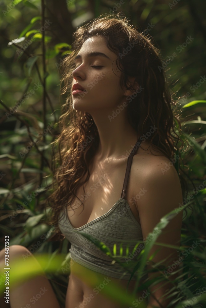 A woman sitting in the middle of a forest. Suitable for nature or solitude concept A woman sitting in the middle of a forest. Suitable for nature or solitude concept