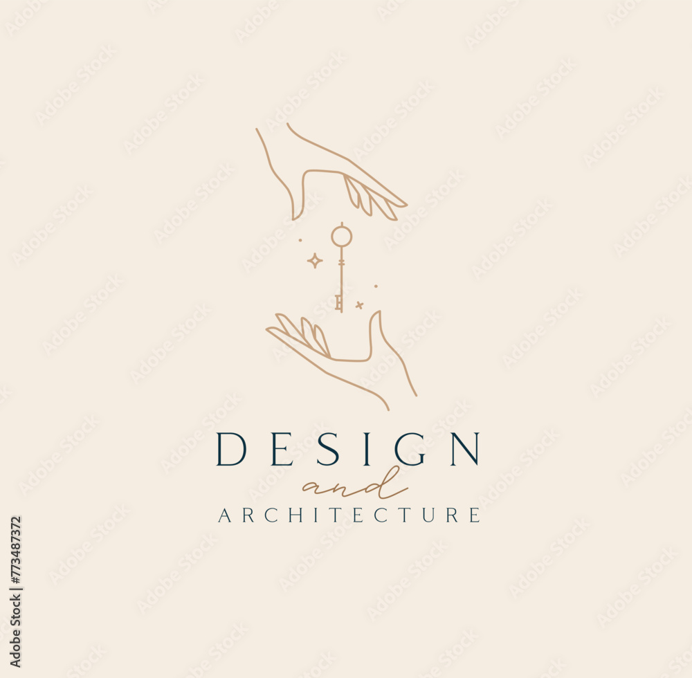 Hand with key and lettering design and architecture drawing in linear style on beige background