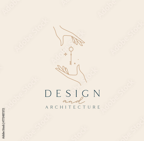 Obraz na płótnie Hand with key and lettering design and architecture drawing in linear style on beige background w salonie