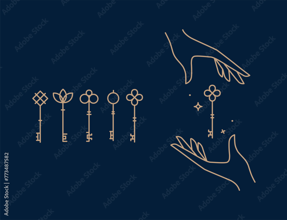 Key collection composition with hands drawing in linear style on blue background