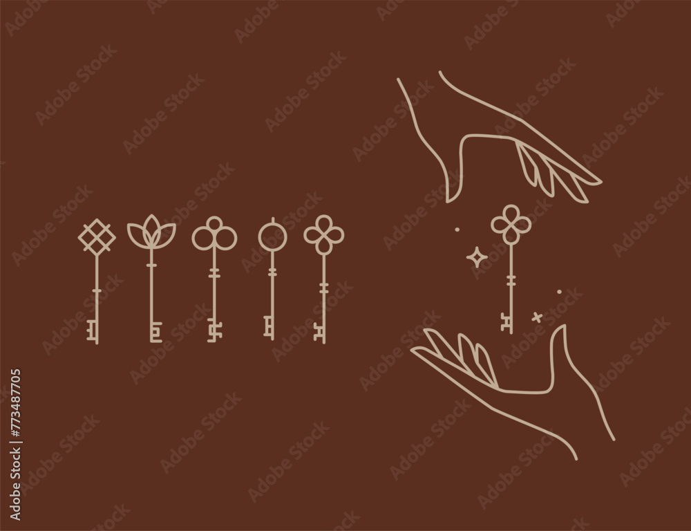 Key collection composition with hands drawing in linear style on brown background
