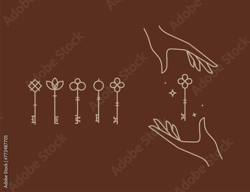 Key collection composition with hands drawing in linear style on brown background