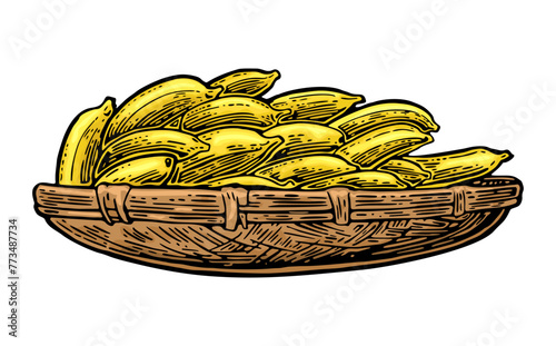 Basket with bunch banana on her head. Vector color vintage engraving illustration isolated on white background.  © MoreVector