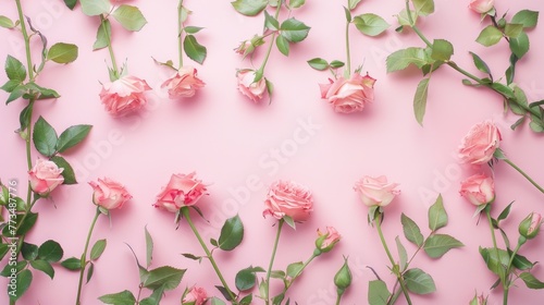 Beautiful pink roses and green leaves on a pink background. Perfect for spring or nature-themed designs © Fotograf