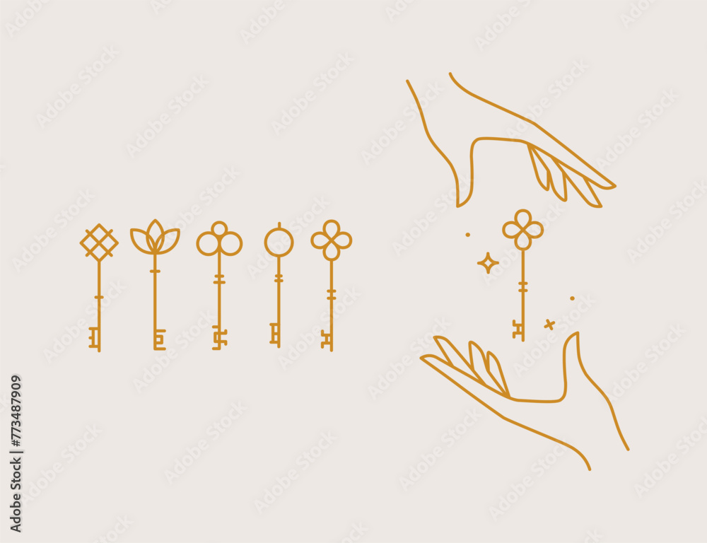 Key collection composition with hands drawing in linear style on light background