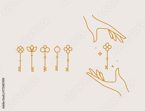 Obraz na płótnie Key collection composition with hands drawing in linear style on light background w salonie