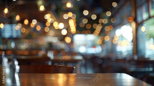 Wooden table in a restaurant with ambient lighting. Perfect for food and beverage concepts