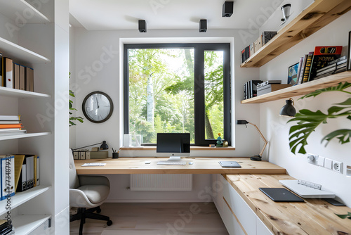 A modern home office with a minimalist desk  chair and floating shelves made of light wood against white walls  a large window showing greenery outside with clean lines and natural lighting.